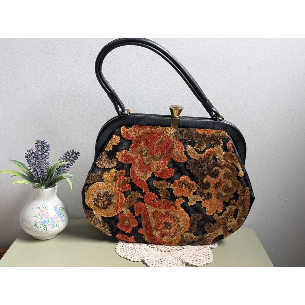 Vintage Floral Tapestry Handbag Structured Top Handle Purse 1960s 12 Inch